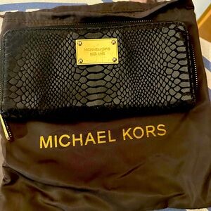 Michael Kors Snakeskin Continental Zip Around 8" Wallet Black Leather